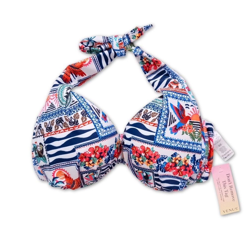 NWT Venus Halter Bikini Top WOMENS G2 Blue Tropical Print Vacation Swimwear NEW